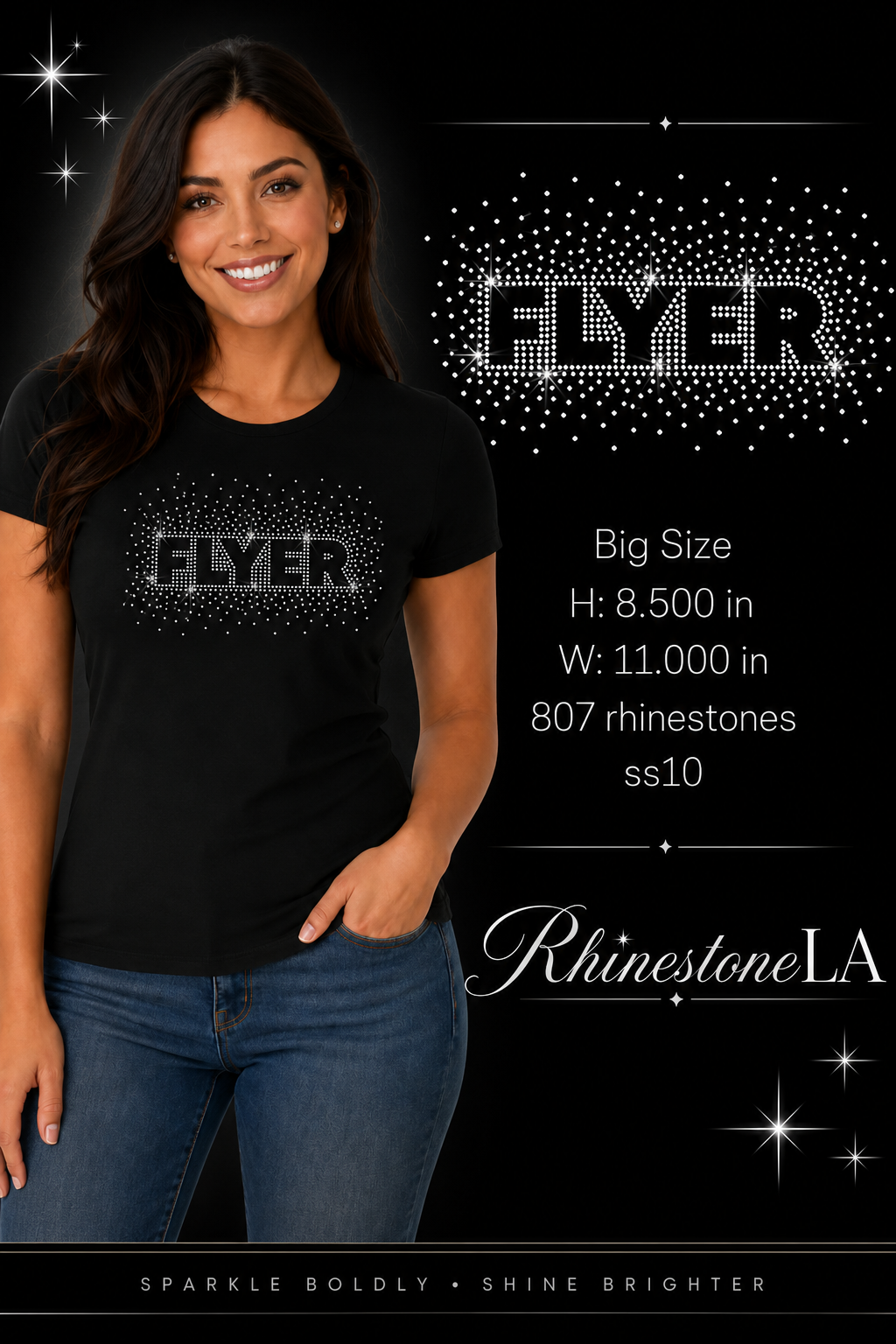 Model wearing Flyer big rhinestone design with size details