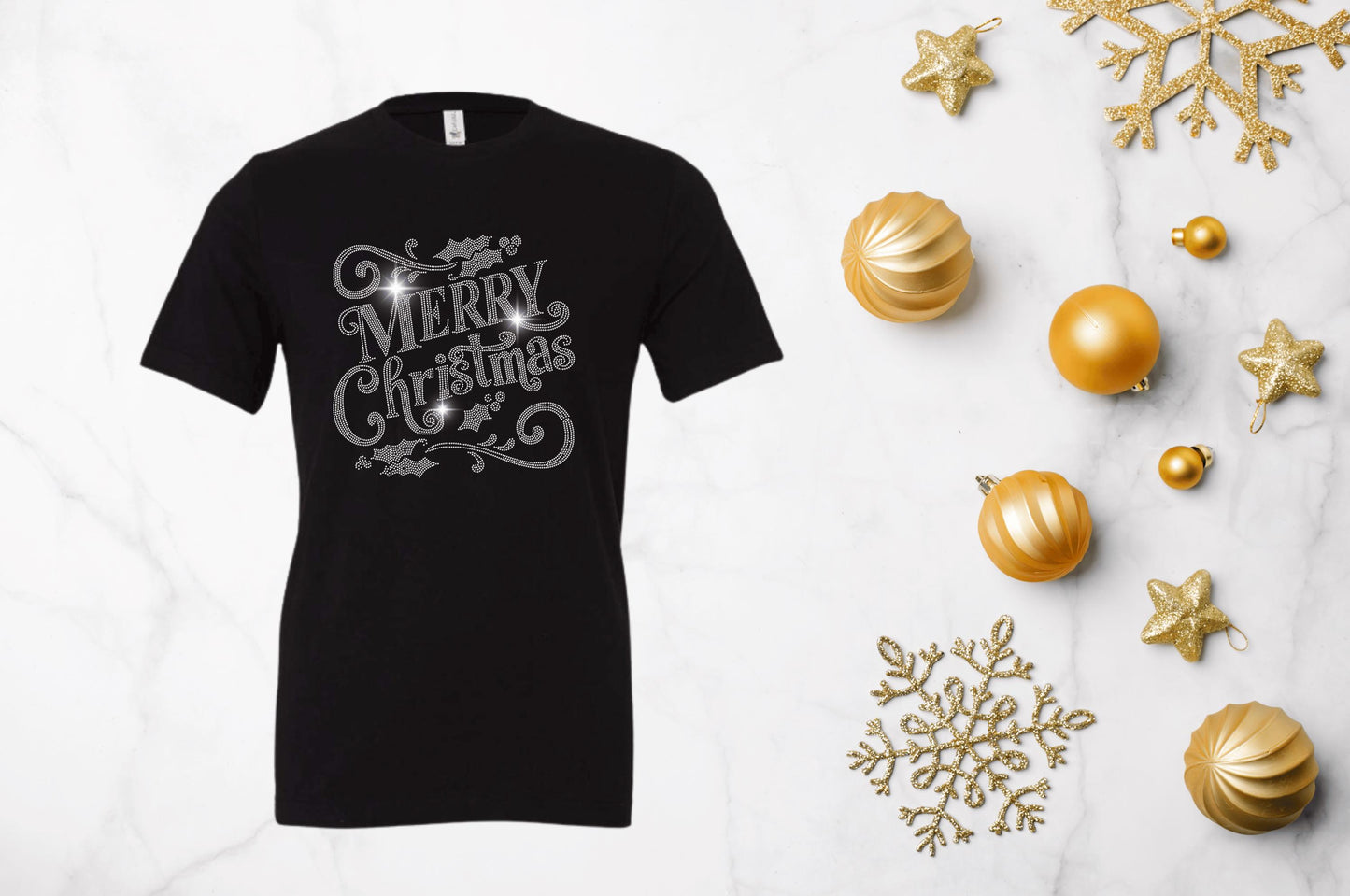 Celebrate in Style: Sparkling “Merry Christmas” Rhinestone Collection – T-Shirt, Hooded Sweatshirt, Crewneck, and Denim Shirt