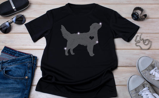 Dog with Heart Silhouette Rhinestone T-Shirt - Sparkling Canine Retriever Owner Gift - Valentine’s Day Dog Lover Tee Valentines Day Gift