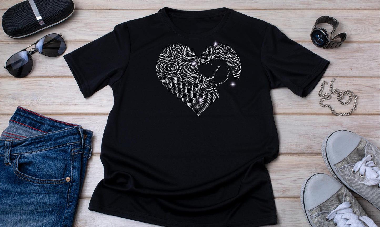 Beagle Dog Heart Silhouette Rhinestone T-Shirt - Sparkling Beagle Lover Gift - Valentine’s Day Dog Mom and Dad Tee Valentines Day Gift