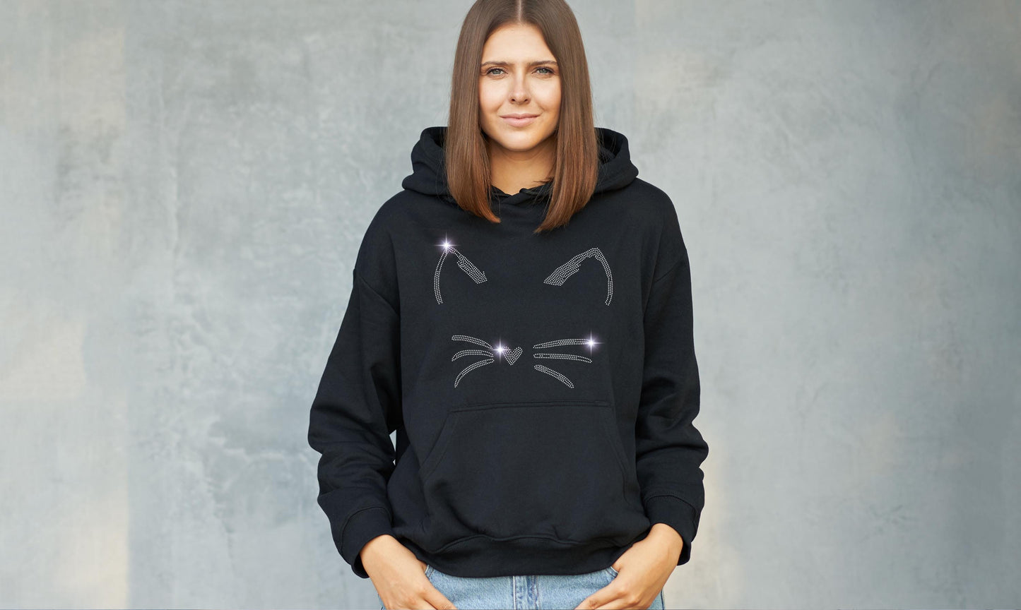 Cat Whiskers and Heart Nose Women’s Cute T-Shirt - Junior Tops for Teen Girls - Graphic Rhinestone Cat Lover Tee Valentines Day Gift