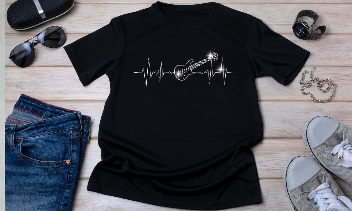 Bass Guitar Heartbeat Rhinestone T-Shirt - Sparkling Musician Gift for Bassists - Unisex Guitarist Graphic Tee