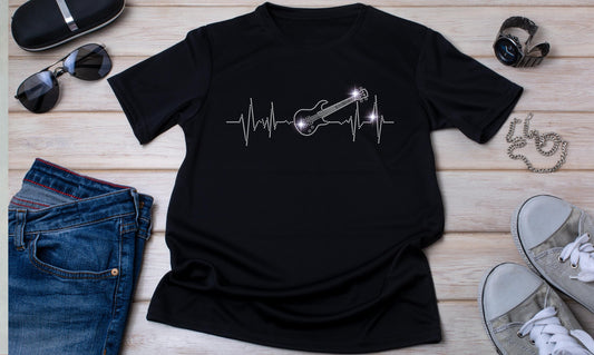 Sparkling bass guitar heartbeat rhinestone T-shirt