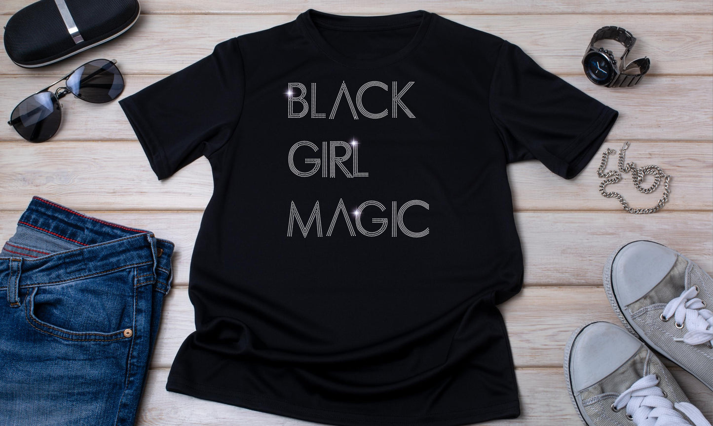 Black Girl Magic Rhinestone T-Shirt - Sparkling Empowerment Graphic Tee for Women - Inspirational Black Pride Shirt, Melanin Gift Unisex Tee