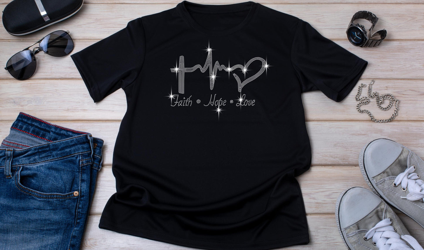 Faith Hope Love Rhinestone T-Shirt - Sparkling Inspirational Shirt - Religious Graphic Tee, Empowering Christian Gift, Unisex Faith Shirt