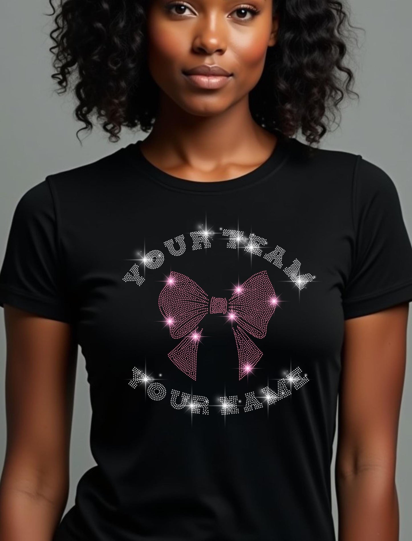 Custom Cheer Bow Rhinestone Shirt - Personalized Team Name & Your Name - Cheerleading Spirit Wear, Cheer Team Gift, Cheer Mom Shirt
