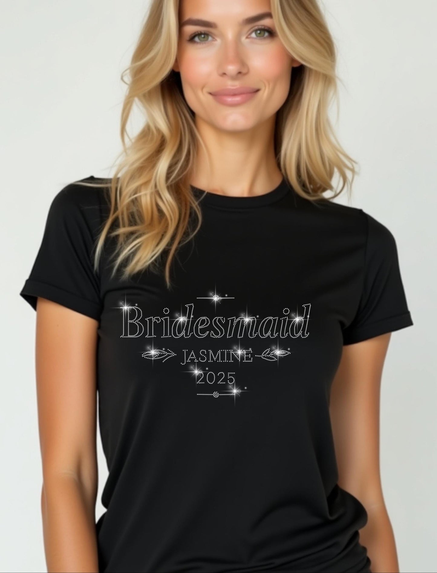 Bridesmaid Rhinestone Shirt - Personalized Name & Wedding Year - Custom Bridal Party Gift, Sparkle Bridesmaid Tee, Wedding Crew Shirt