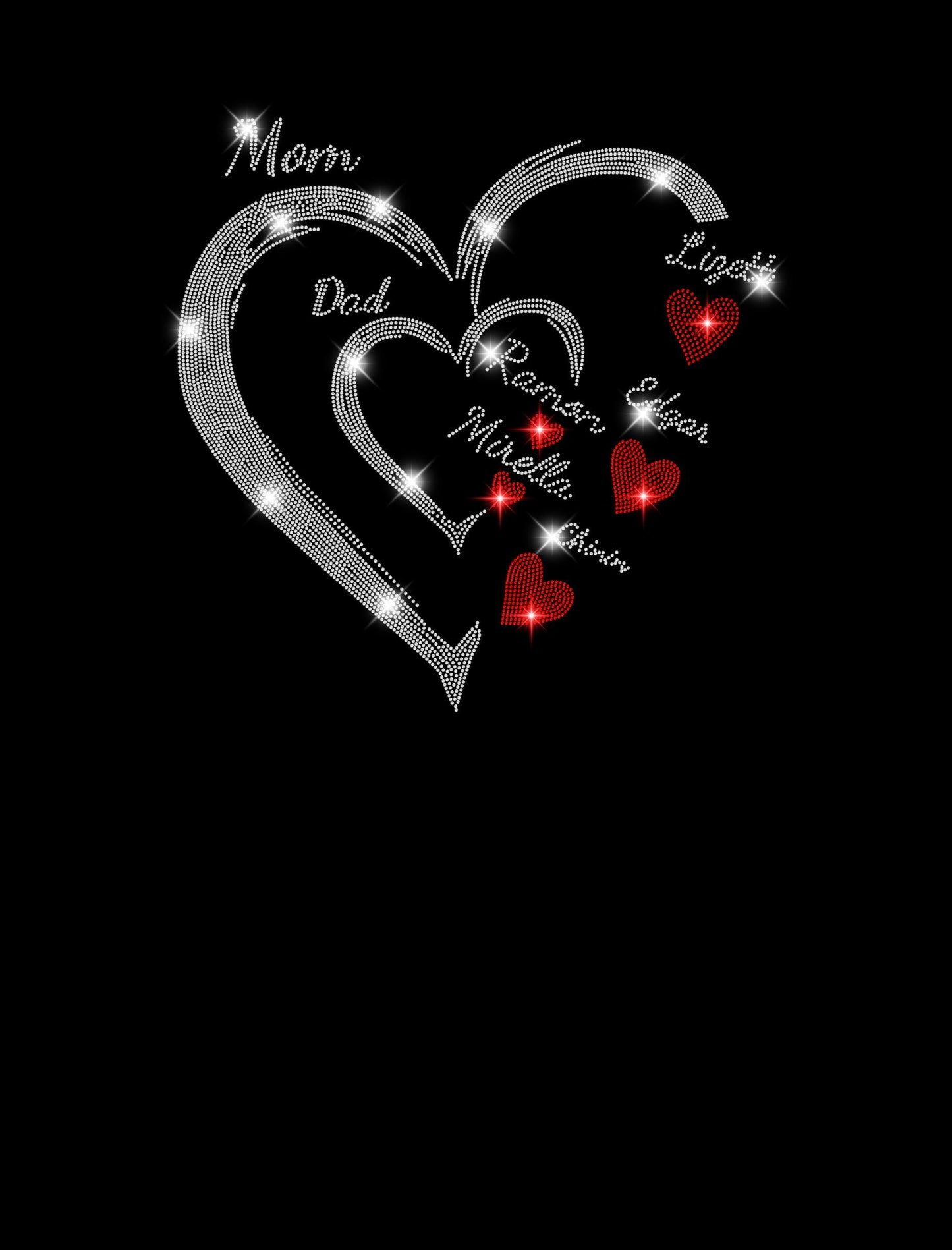 Custom Family Heart Rhinestone Shirt - Mom Dad Kids Names Personalized Shirt - Family Gift, Mother’s Day, Father’s Day Rhinestone Tee