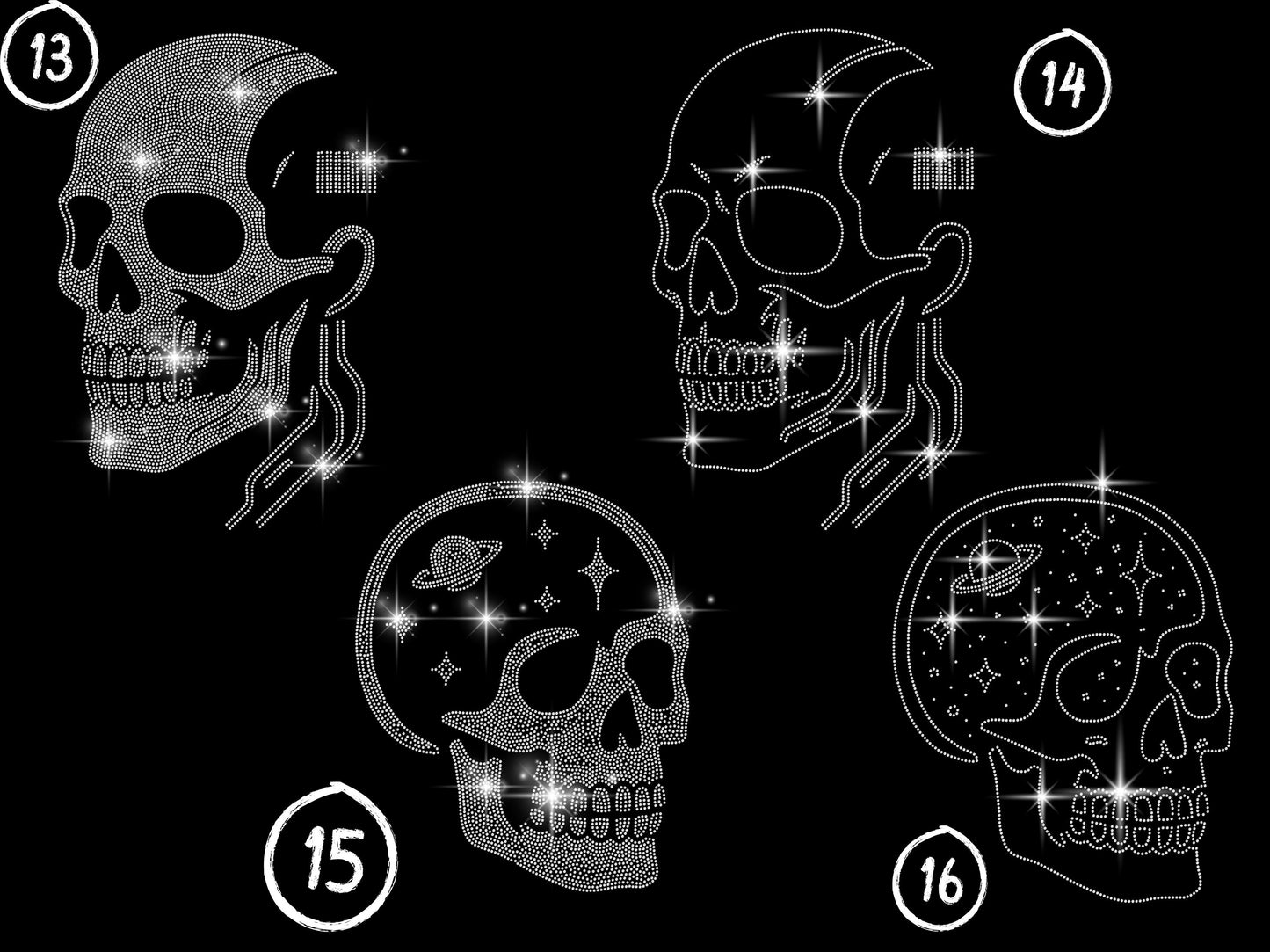Rhinestone Skull T-Shirt - 10 Unique Skull Designs - Custom Goth, Biker, Cyber, Nature, Halloween Skull Tee - Sparkle Skull Shirt