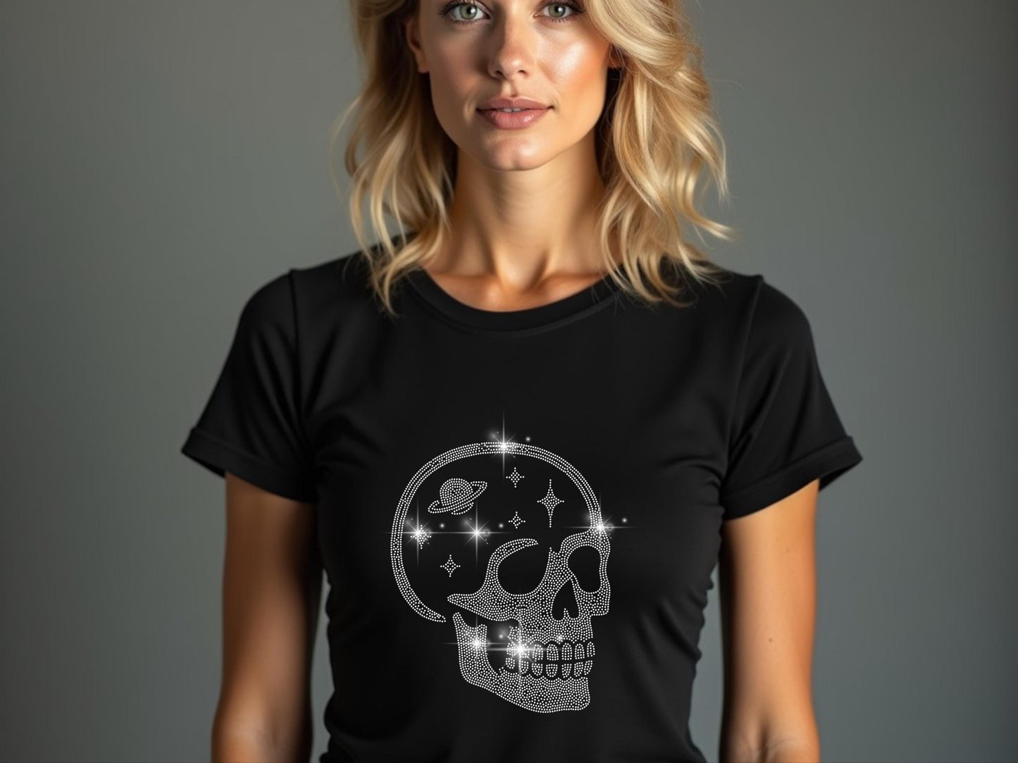 Rhinestone Skull T-Shirt - 10 Unique Skull Designs - Custom Goth, Biker, Cyber, Nature, Halloween Skull Tee - Sparkle Skull Shirt