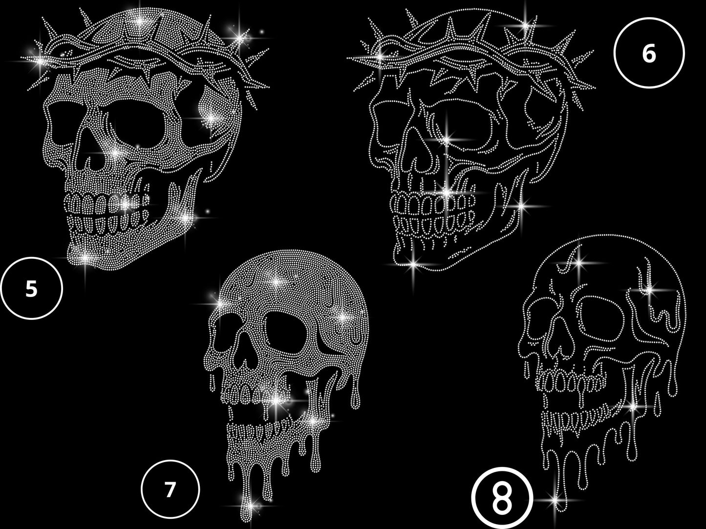 Rhinestone Skull T-Shirt - 10 Unique Skull Designs - Custom Goth, Biker, Cyber, Nature, Halloween Skull Tee - Sparkle Skull Shirt