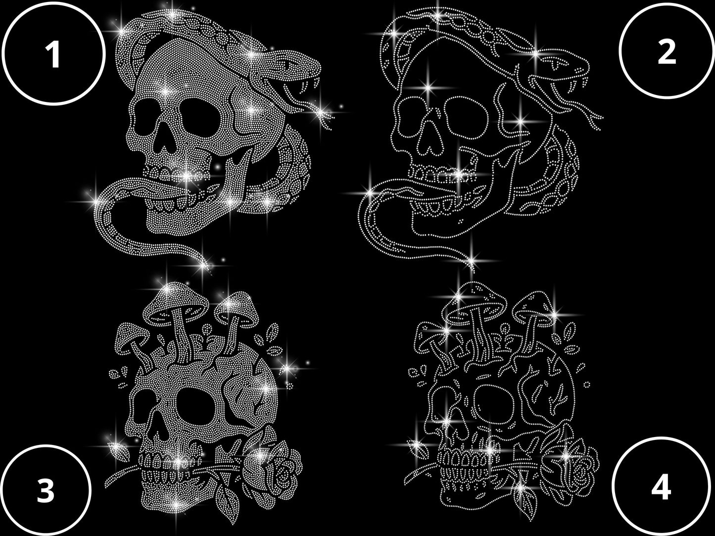 Rhinestone Skull T-Shirt - 10 Unique Skull Designs - Custom Goth, Biker, Cyber, Nature, Halloween Skull Tee - Sparkle Skull Shirt