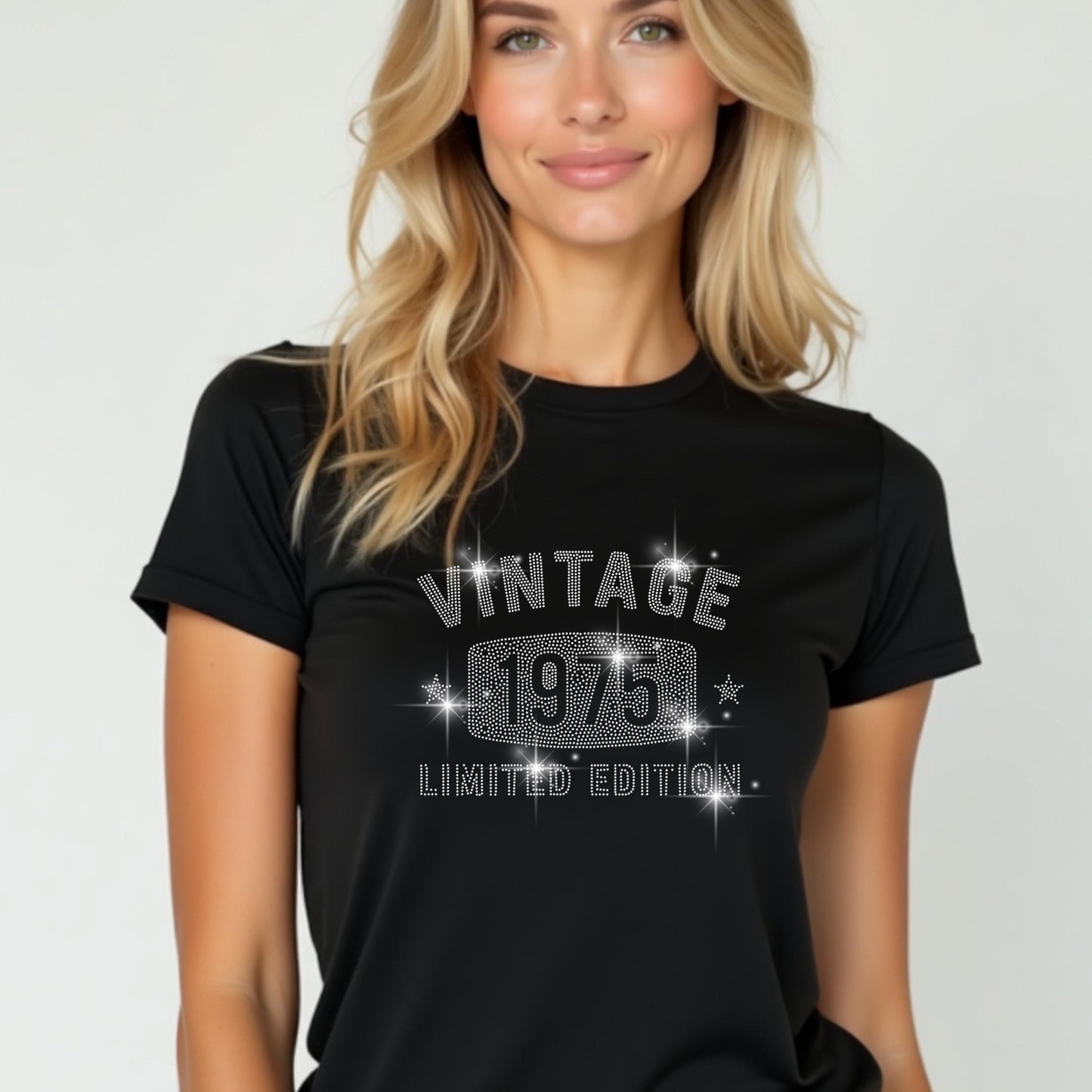 Birthday Rhinestone Shirt β 9 Sparkling Designs β 50 & Fabulous, Vintage 1975, Chapter 50, Made in 1974, Party Crew, Custom Age Tee