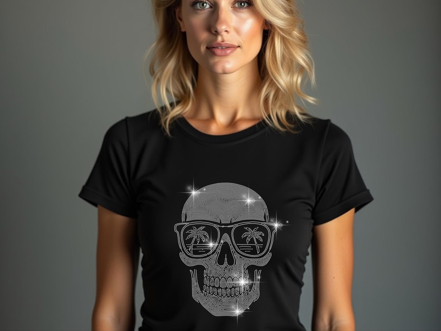 Rhinestone Skull T-Shirt - 10 Unique Skull Designs - Custom Goth, Biker, Cyber, Nature, Halloween Skull Tee - Sparkle Skull Shirt