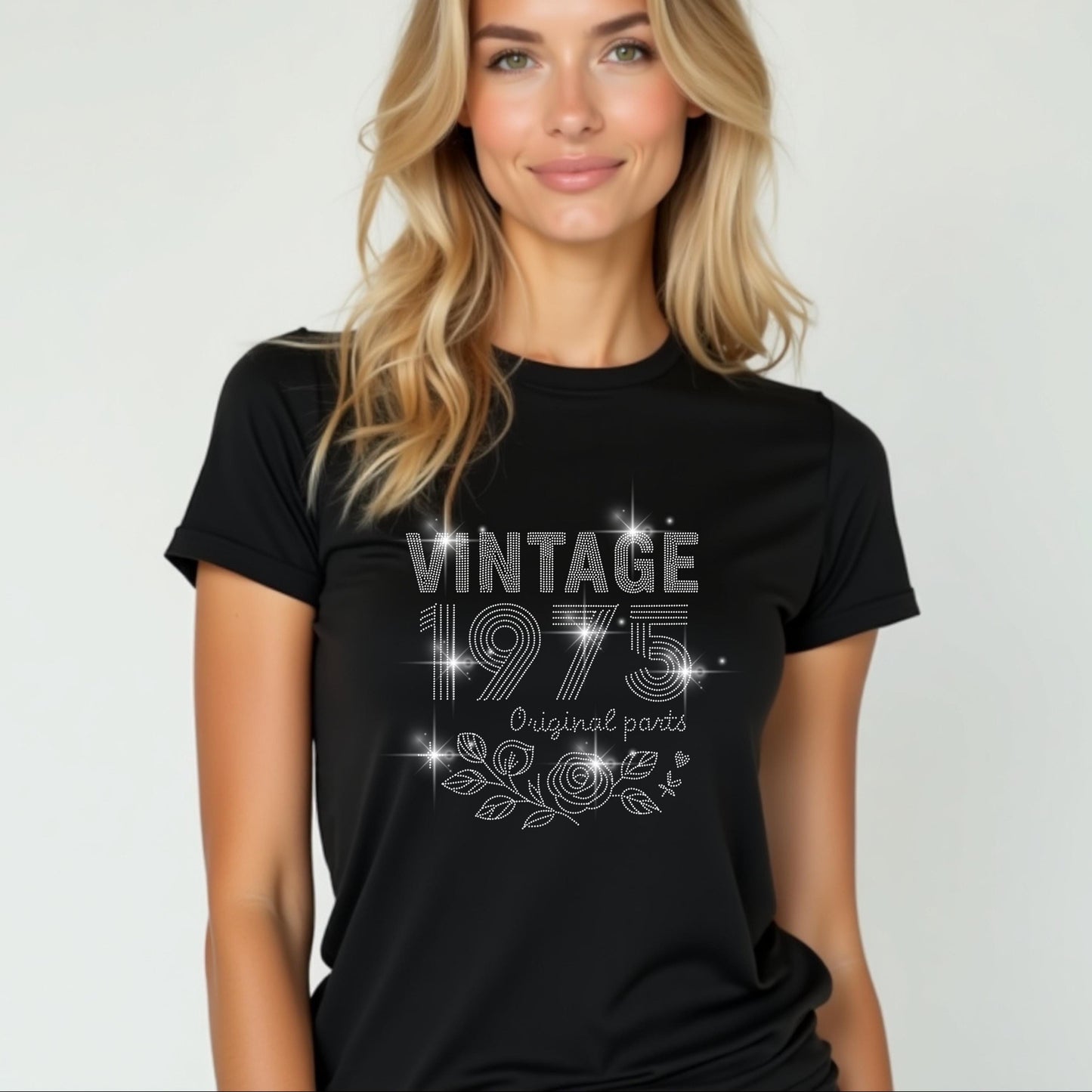 Birthday Rhinestone Shirt β 9 Sparkling Designs β 50 & Fabulous, Vintage 1975, Chapter 50, Made in 1974, Party Crew, Custom Age Tee