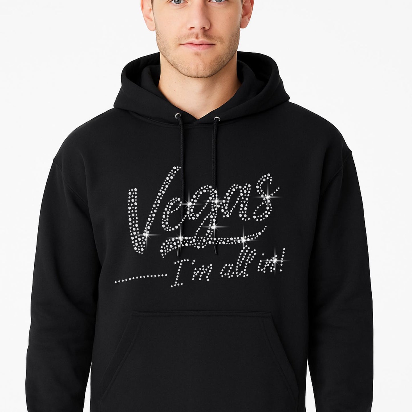 Vegas I'm All In Rhinestone Iron-On Transfer – 8.9"x6.3" SS10 Sparkle Hotfix for DIY T-Shirts, Vegas Trip, Party Shirts, Gifts