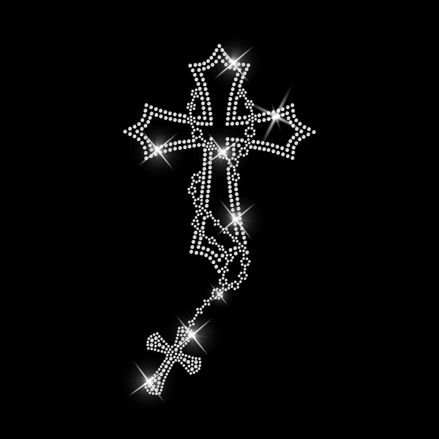 Rhinestone Gothic Cross Rosary Iron On Transfer – SS6 & SS10 Diamanté Hotfix Patch – Prayer Beads Applique for DIY Shirts Jackets
