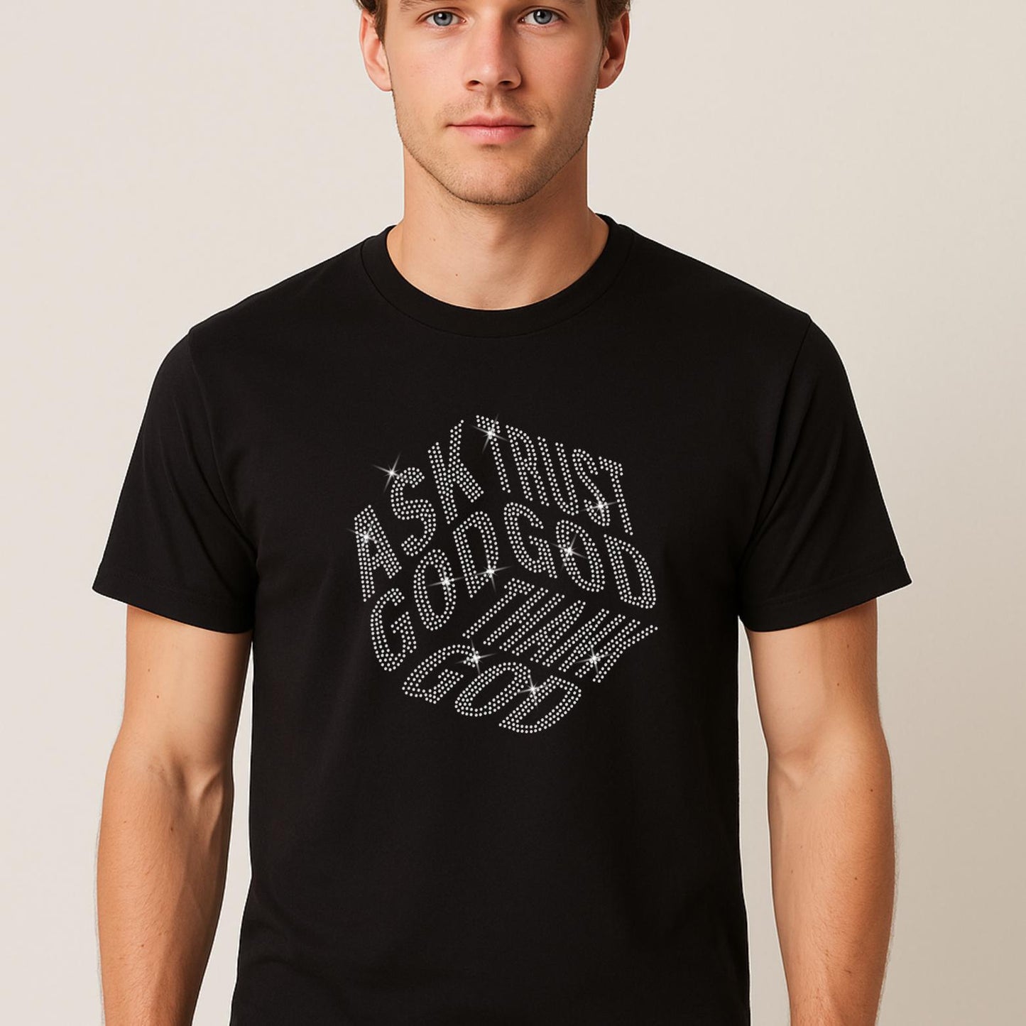 Ask God Trust God Rhinestone Transfer – Faith Iron On Hotfix Design – Christian Crystal Patch for Shirts & Hoodies