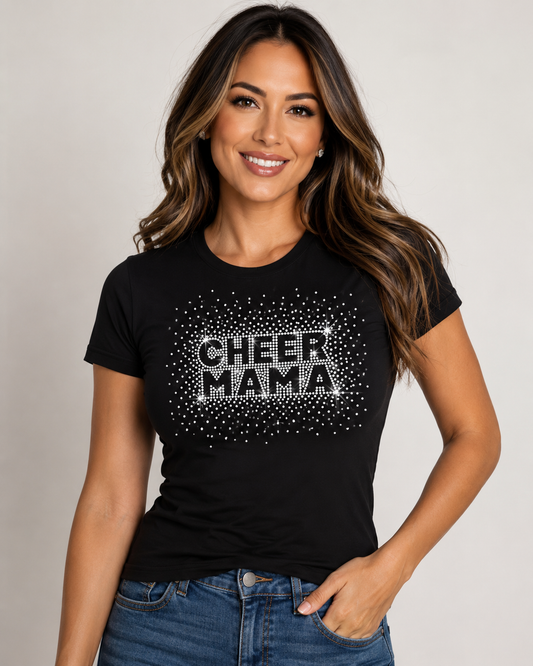 Cheer Mama rhinestone design on black cheer apparel