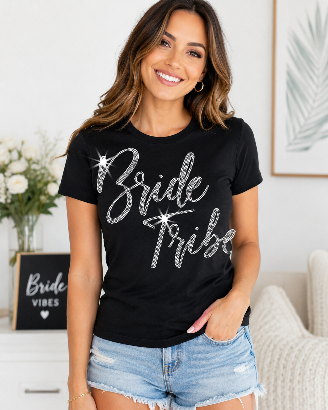Black bridal party shirt with sparkling rhinestones