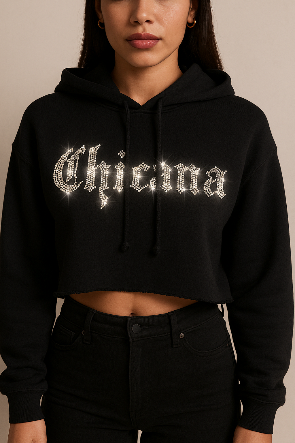 Chicana rhinestone design on black cropped hoodie for Latina streetwear
