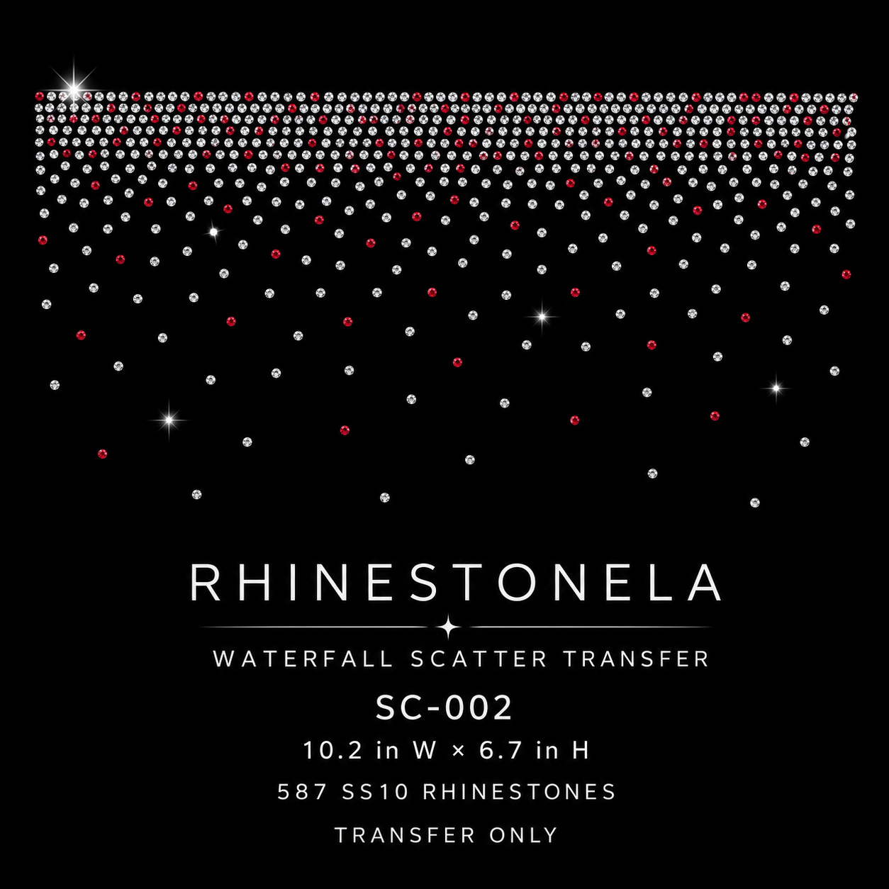 SC-002 waterfall rhinestone scatter transfer size and details