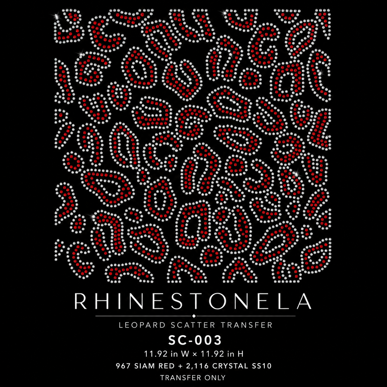 SC-003 leopard rhinestone scatter transfer shown in Siam red and Crystal Clear