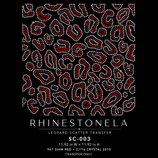 SC-003 leopard rhinestone scatter transfer shown in Siam red and Crystal Clear