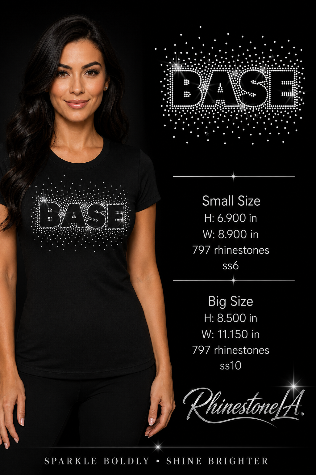 Model wearing BASE rhinestone design with Small and Big size details