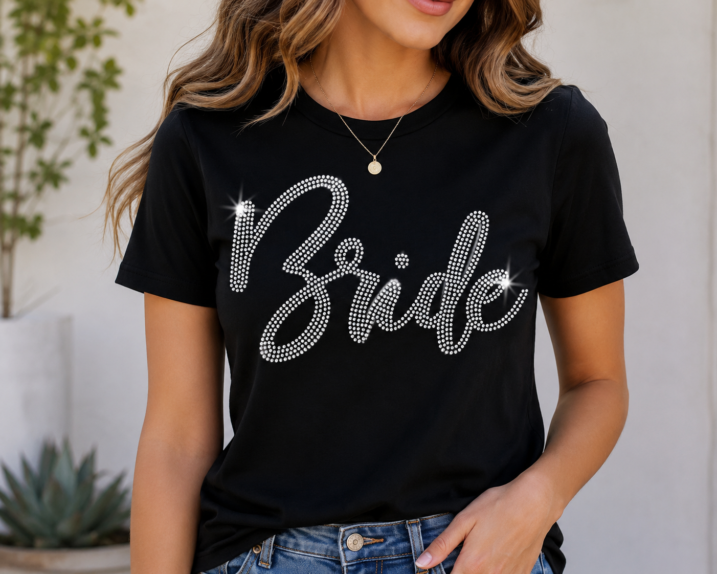 Rhinestone Bride design shown on a black T-shirt