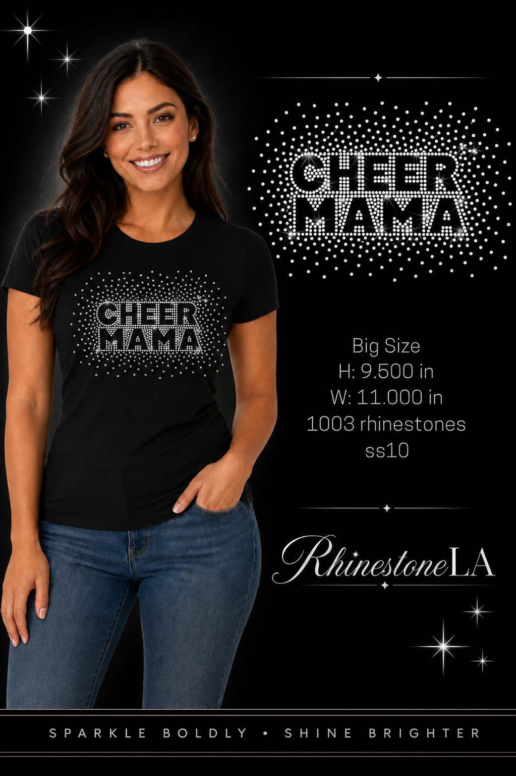 Model wearing Cheer Mama rhinestone design with size details