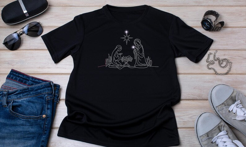 Black T-shirt with Holy Family nativity scene rhinestone design