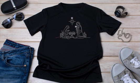 Black T-shirt with Holy Family nativity scene rhinestone design