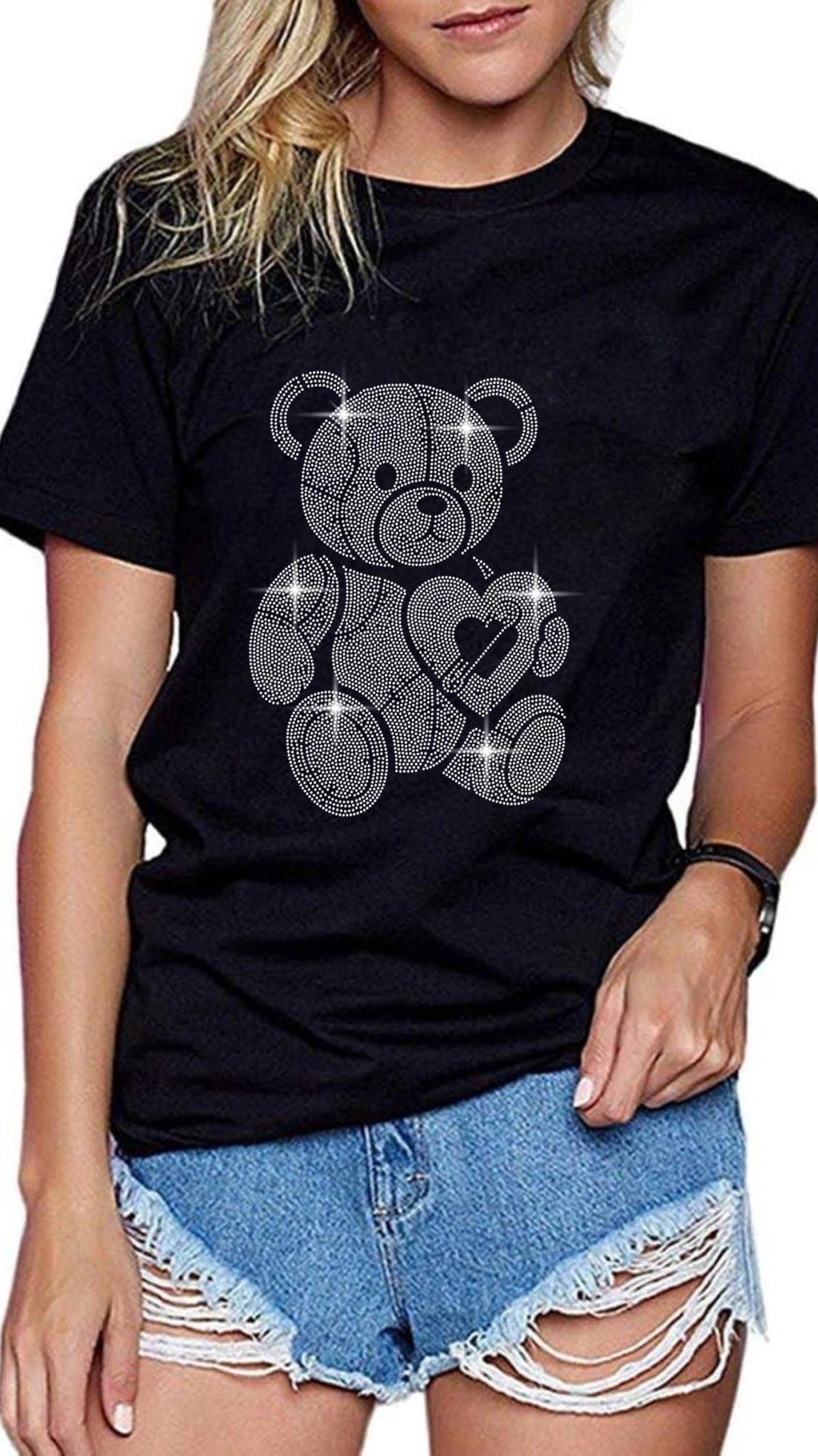 Crystal rhinestone teddy bear holding a heart on a black T-shirt