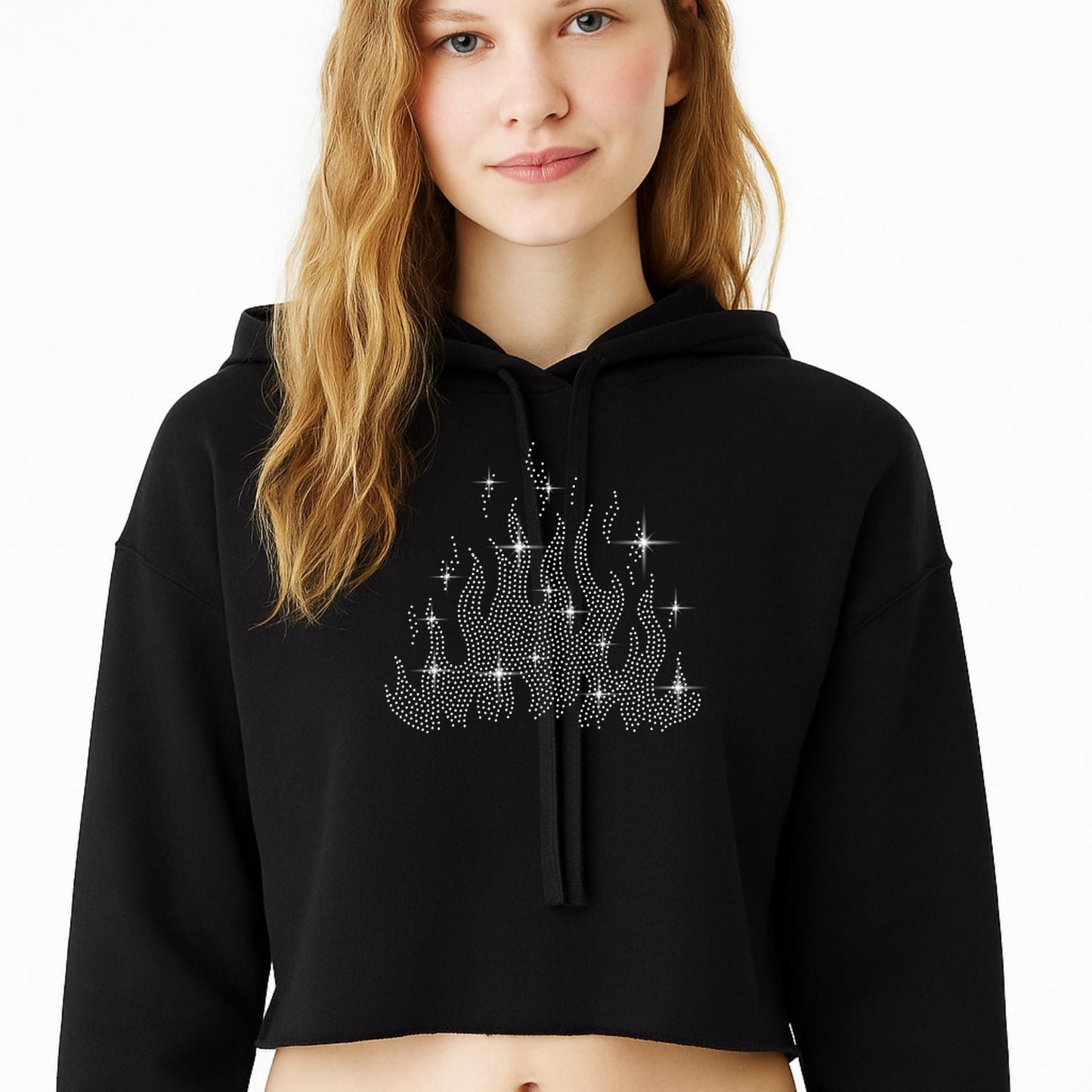 Flame rhinestone design shown on a black cropped hoodie