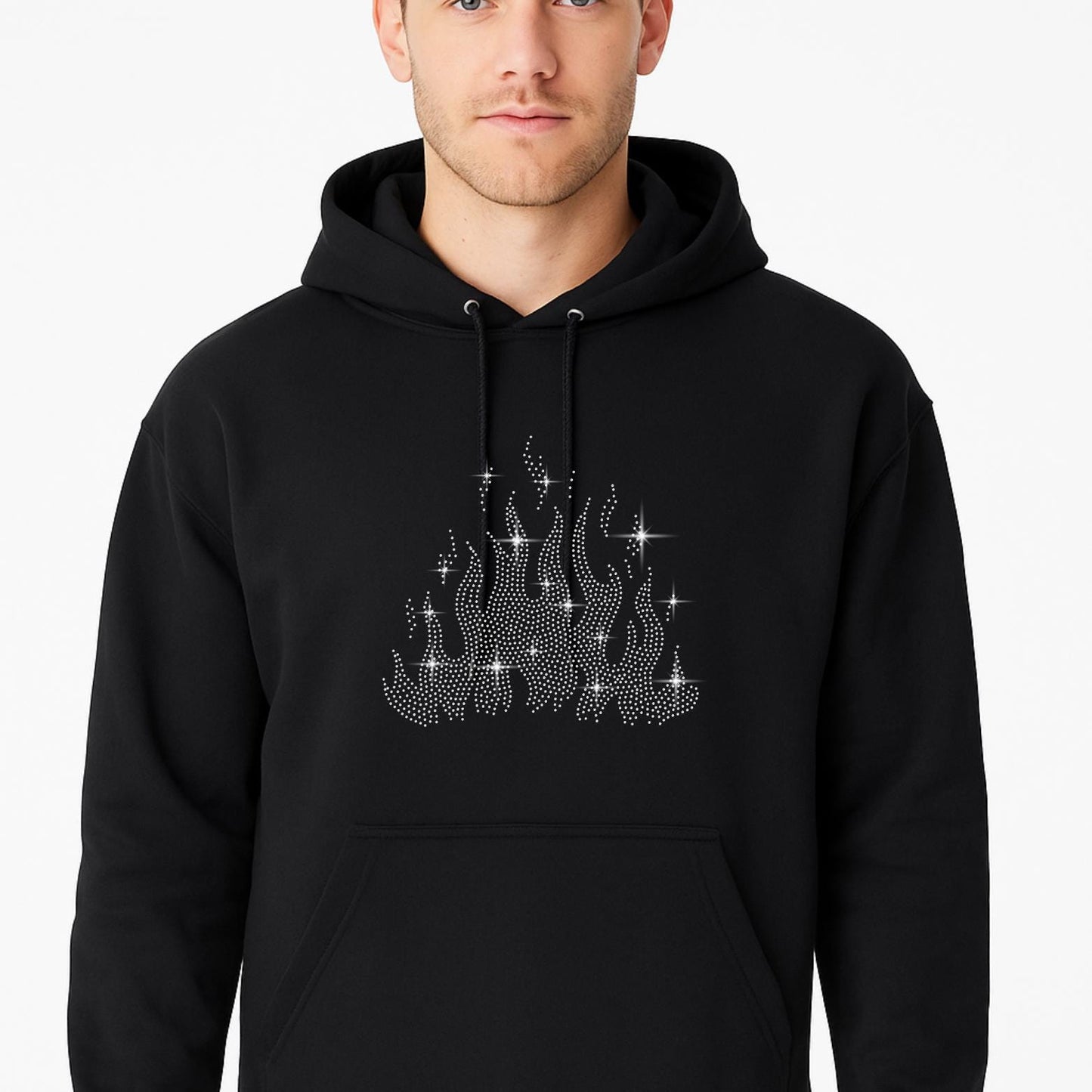 Flame rhinestone design shown on a black hoodie