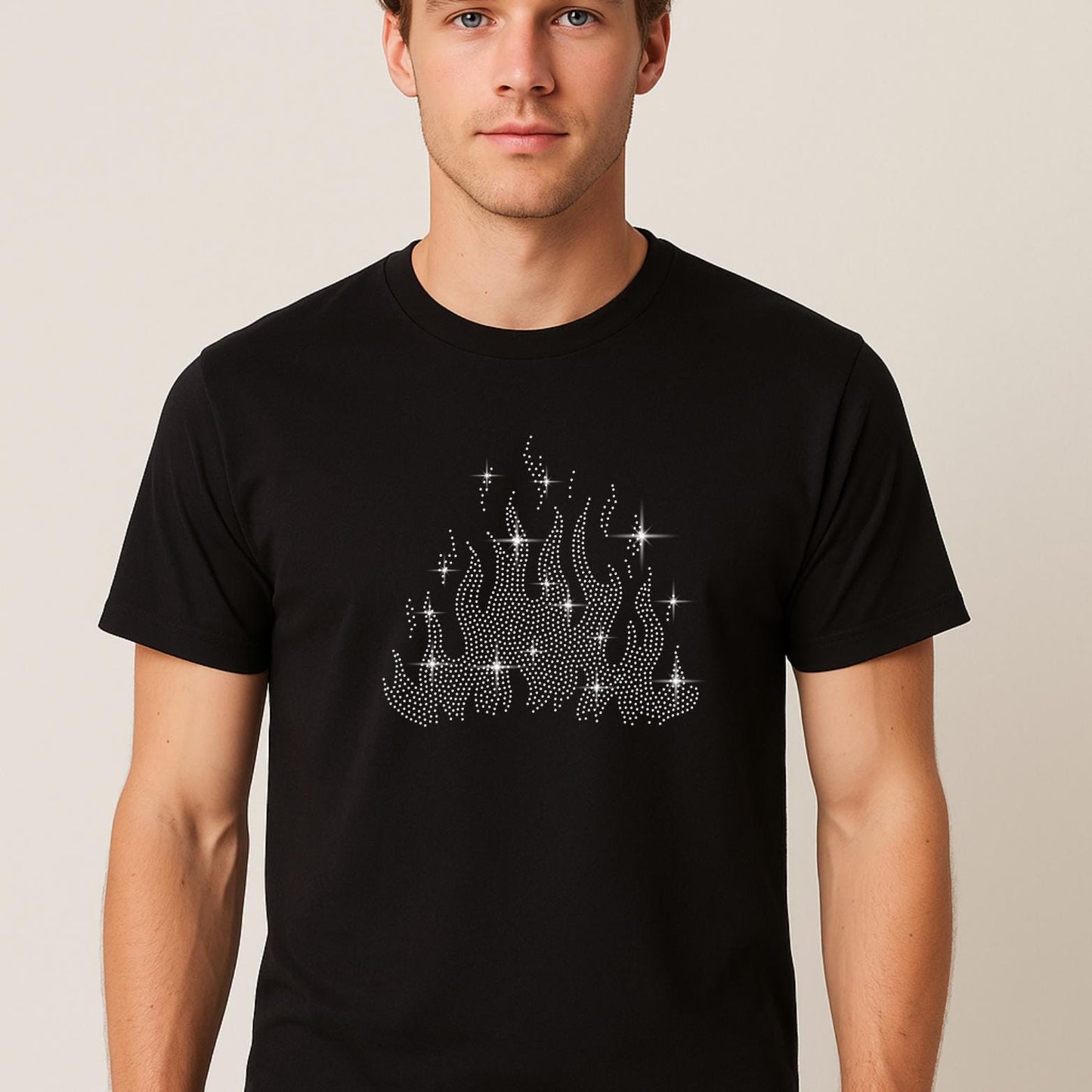 Flame rhinestone design shown on a black T-shirt