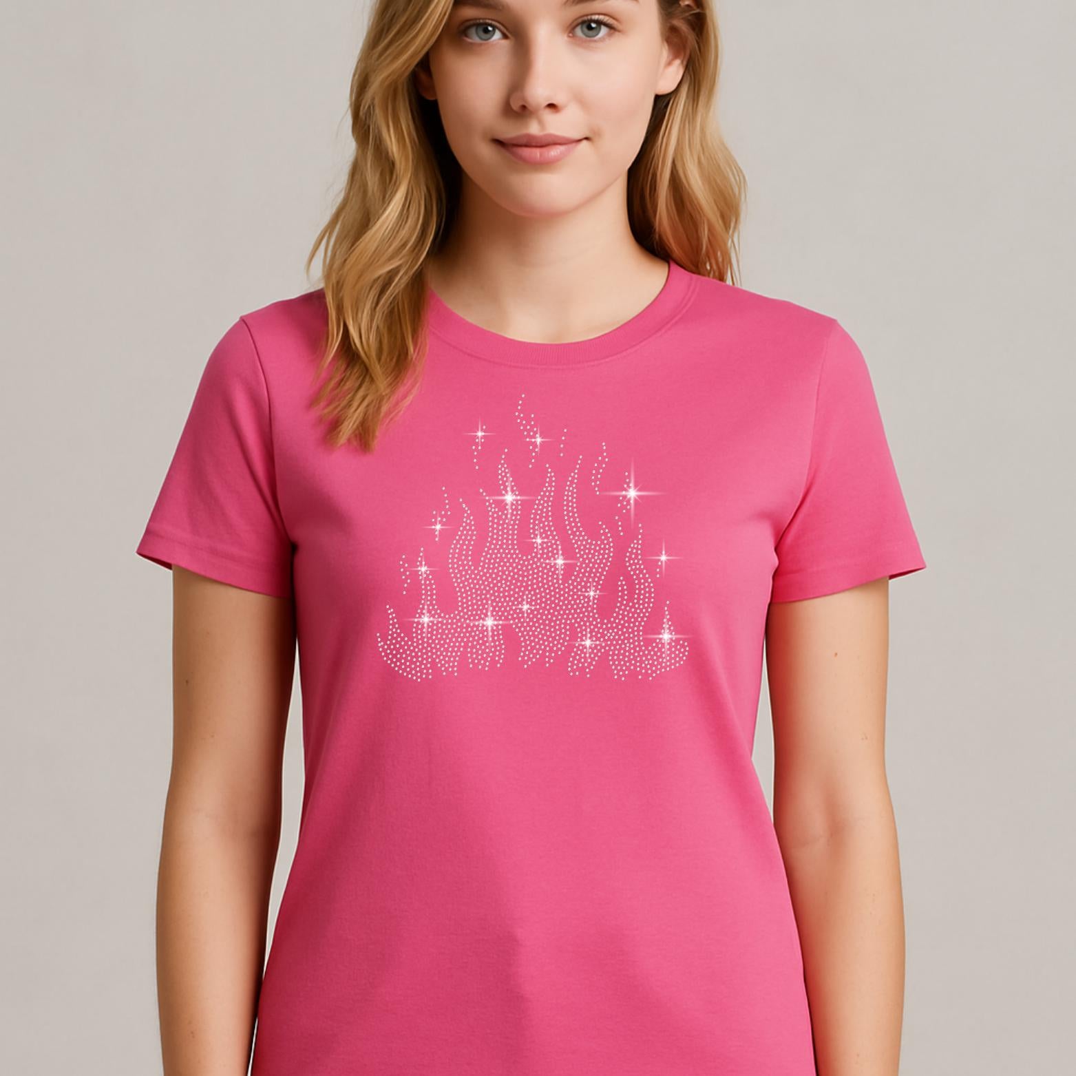 Flame rhinestone design shown on a magenta T-shirt