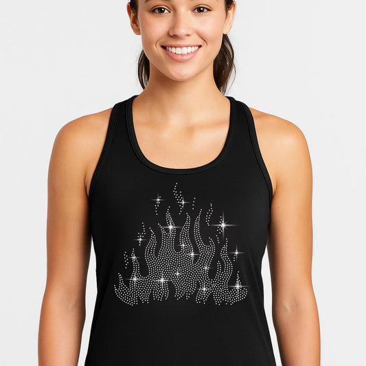 Flame rhinestone transfer shown on a black racerback tank top