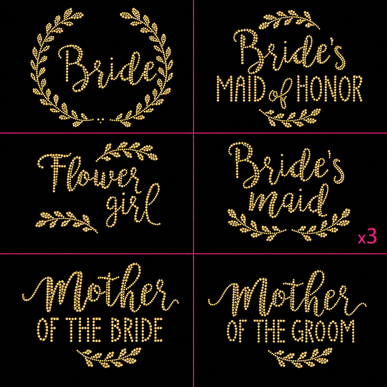 Gold laurel bridal party rhinestone transfer set with Bride, Maid of Honor, Bridesmaid, Flower Girl, Mother of the Bride and Mother of the Groom designs