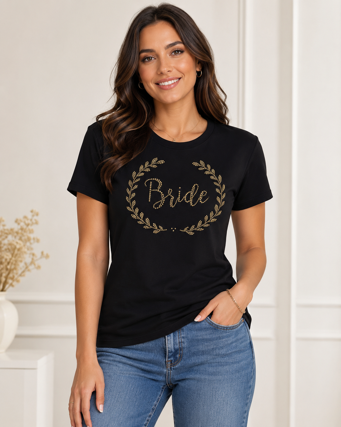 Model wearing a black T-shirt with a gold rhinestone Bride laurel wreath design