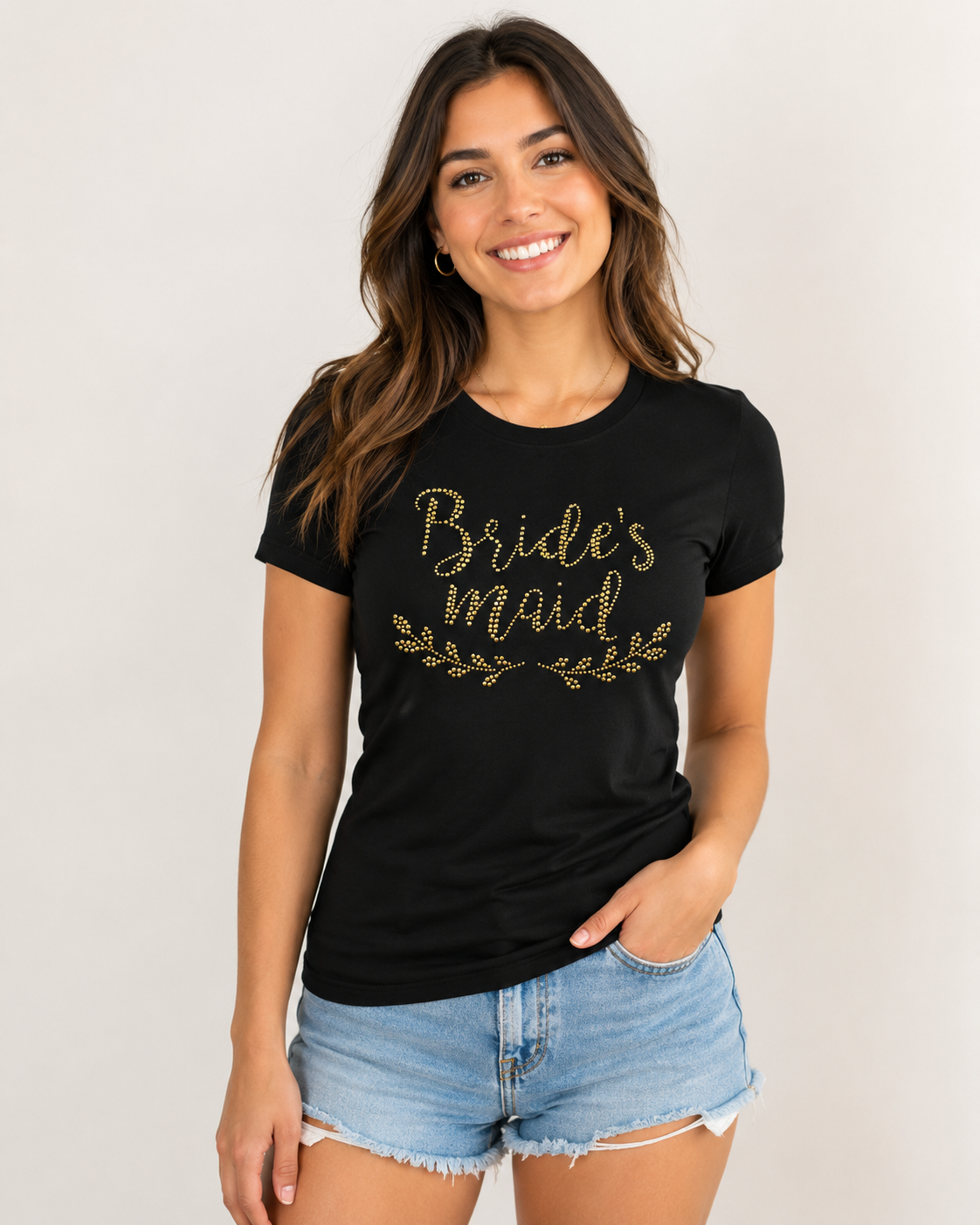 Model wearing a black T-shirt with a gold rhinestone Bridesmaid wedding design