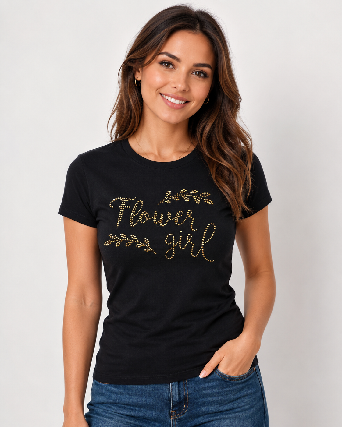 Model wearing a black T-shirt with a gold rhinestone Flower Girl laurel design