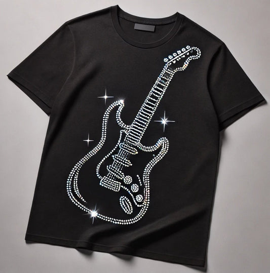 A stylish black t-shirt single-line rhinestone design of an electric guitar