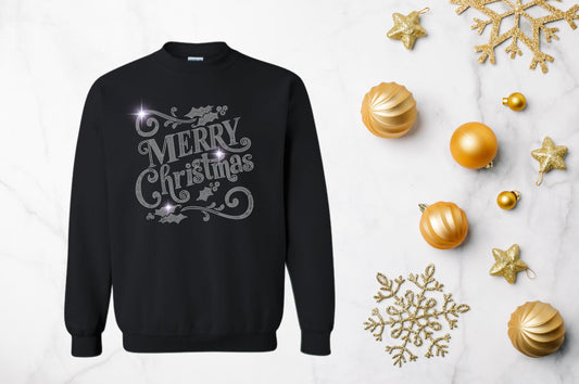 Celebrate in Style: Sparkling “Merry Christmas” Rhinestone Collection – T-Shirt, Hooded Sweatshirt, Crewneck, and Denim Shirt