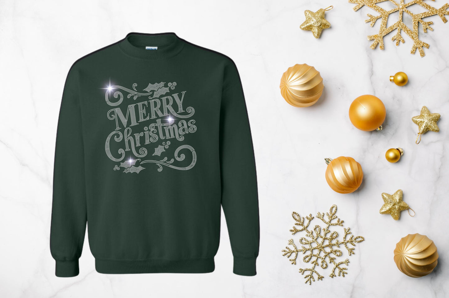 Celebrate in Style: Sparkling “Merry Christmas” Rhinestone Collection – T-Shirt, Hooded Sweatshirt, Crewneck, and Denim Shirt