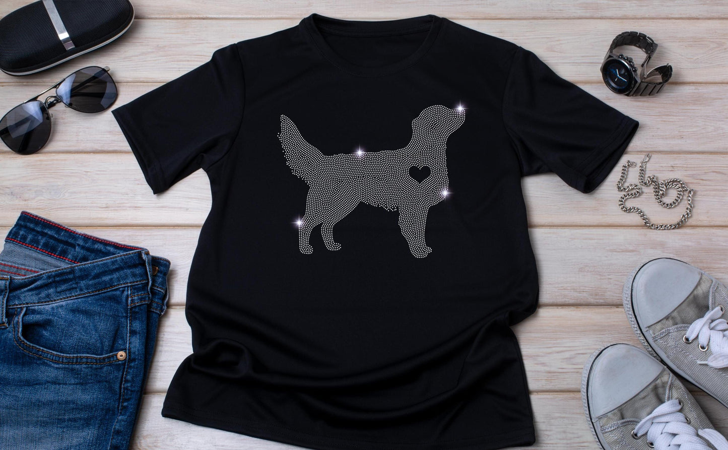 Dog with Heart Silhouette Rhinestone T-Shirt - Sparkling Canine Retriever Owner Gift - Valentine’s Day Dog Lover Tee Valentines Day Gift