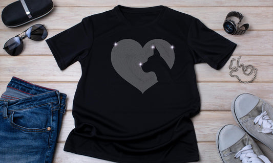 Great Dane Dog Heart Silhouette Rhinestone T-Shirt - Sparkling Dog Lover Valentine’s Day Gift - Unisex Great Dane Tee Valentines Day Gift