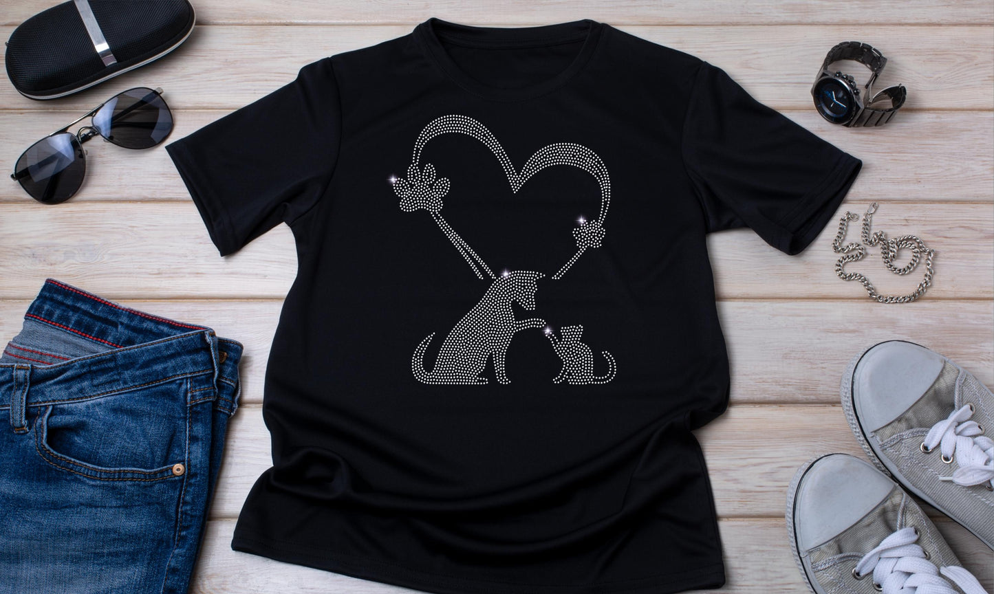 Dog Puppy and Baby Cat Heart Rhinestone T-Shirt - Sparkling Animal Lover Valentine’s Day Gift - Unisex Dog & Cat Heart Tee