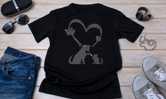 Dog Puppy and Baby Cat Heart Rhinestone T-Shirt - Sparkling Animal Lover Valentine’s Day Gift - Unisex Dog & Cat Heart Tee